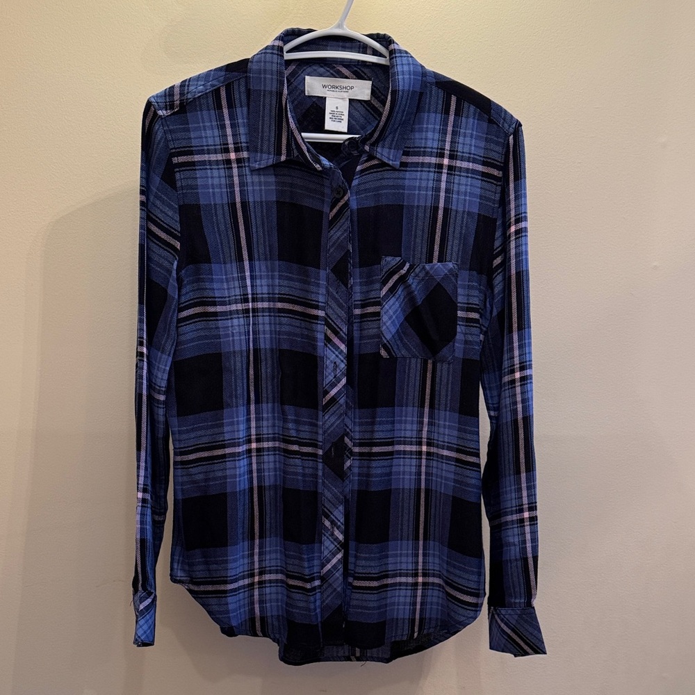 Workshop Republic Clothing Blue and Black Plaid Button-Down Shirt